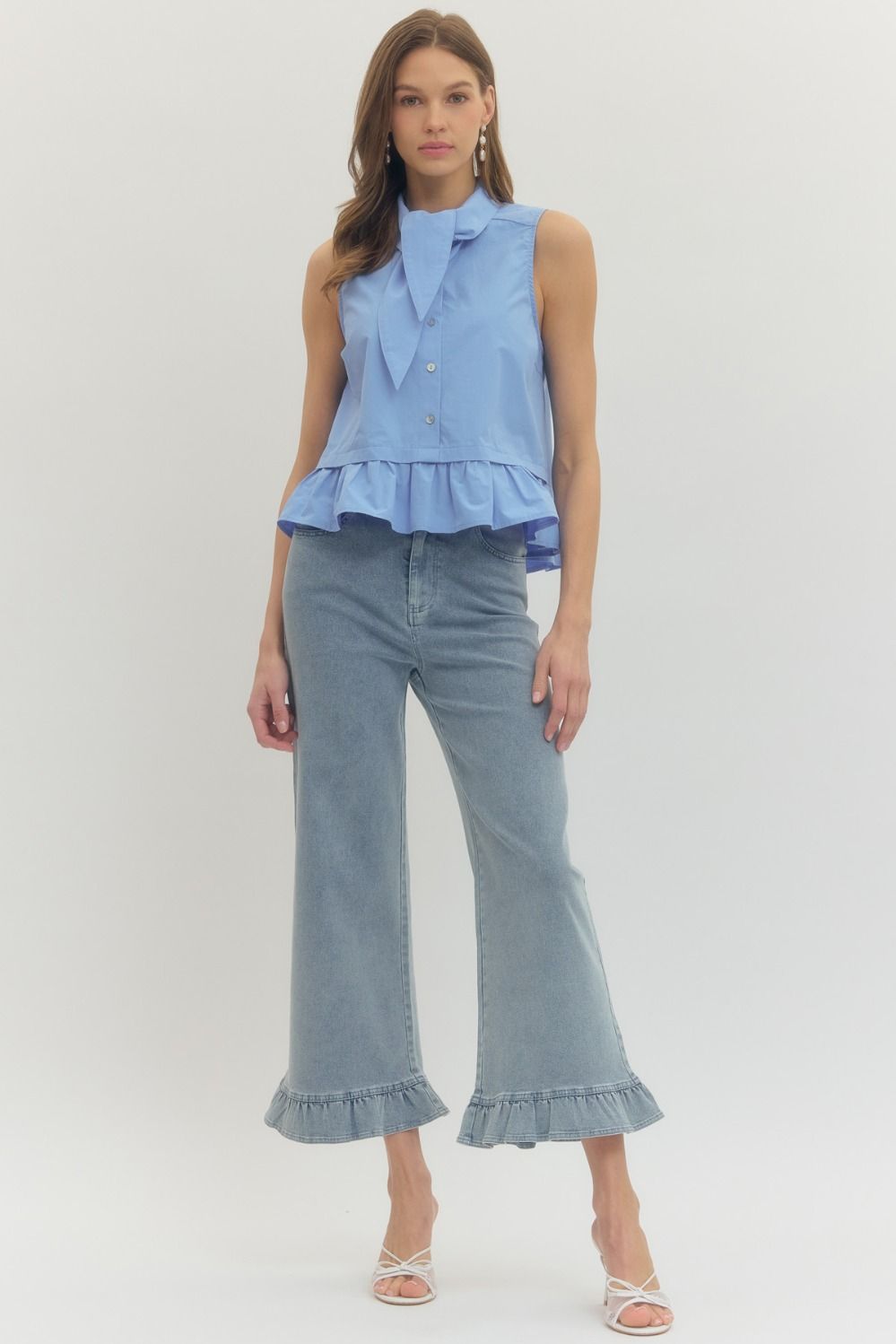 Solid Sleeveless Top Ruffle Hem