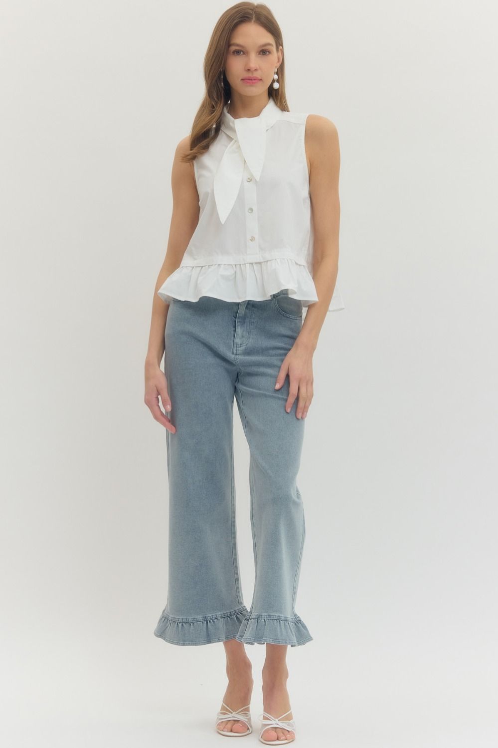 Solid Sleeveless Top Ruffle Hem