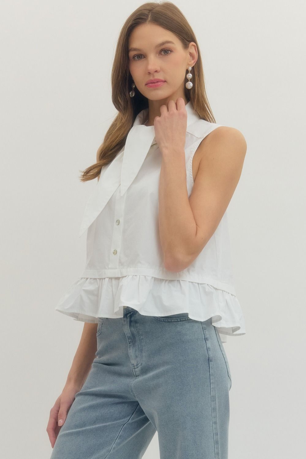 Solid Sleeveless Top Ruffle Hem
