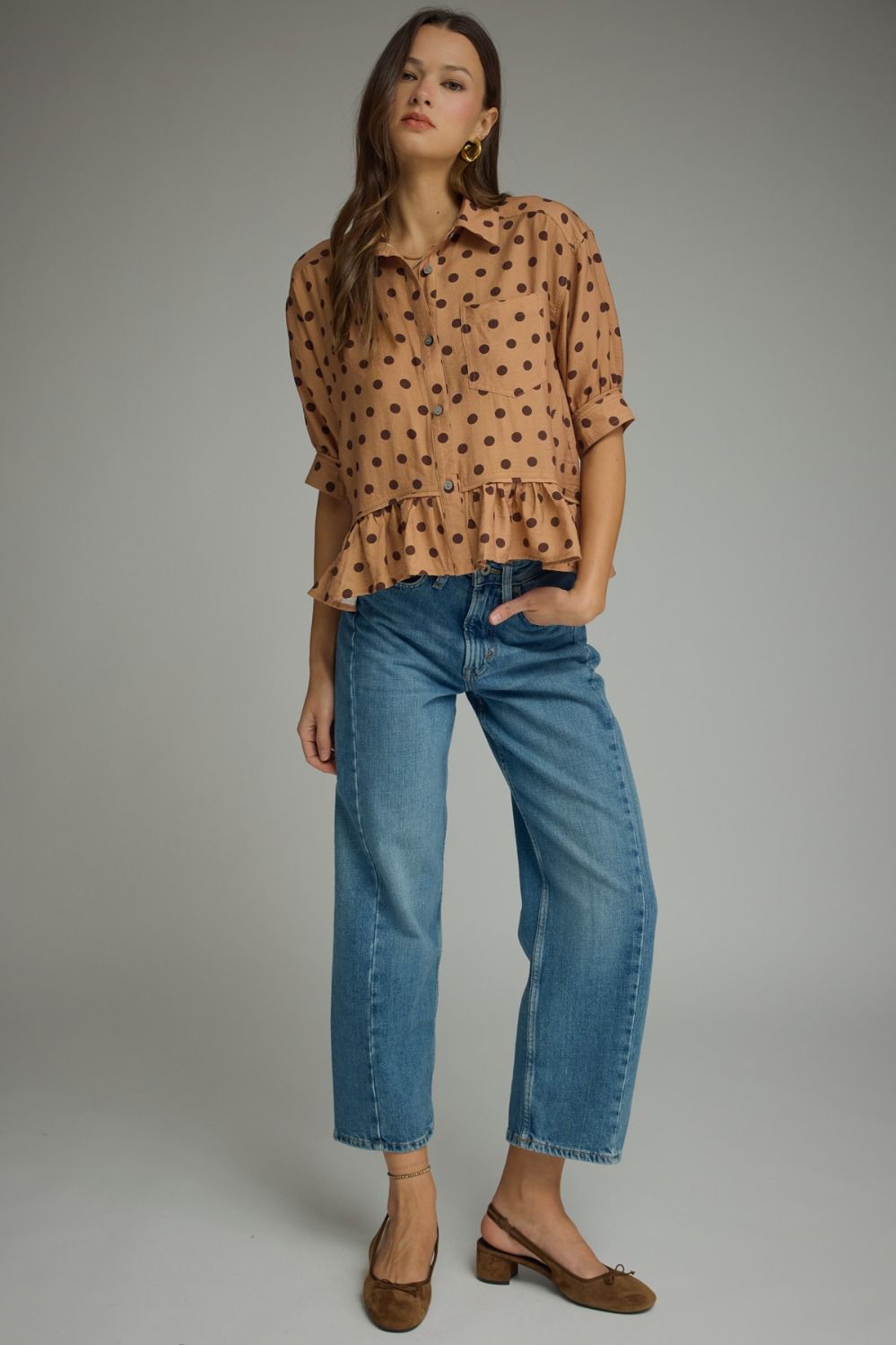 Polka Dot Top Featuring Ruffle Hem