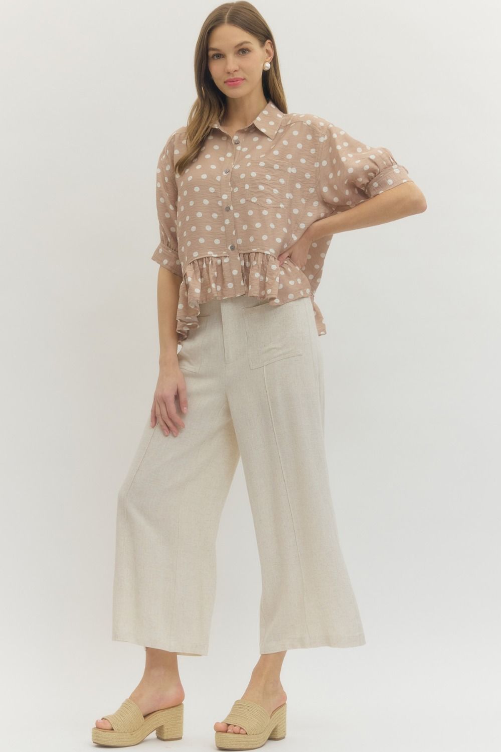 Polka Dot Short Sleeve Top with Ruffle Hem