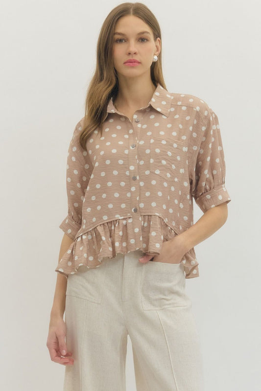 Polka Dot Short Sleeve Top with Ruffle Hem