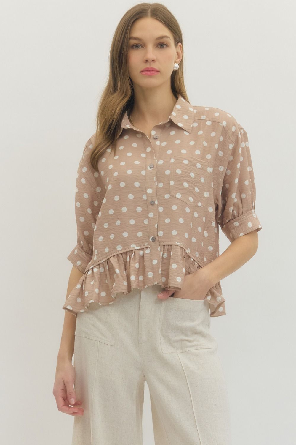 Polka Dot Short Sleeve Top with Ruffle Hem