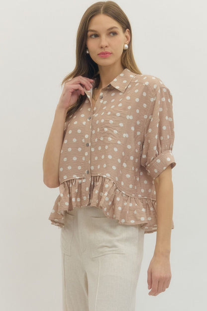 Polka Dot Short Sleeve Top with Ruffle Hem