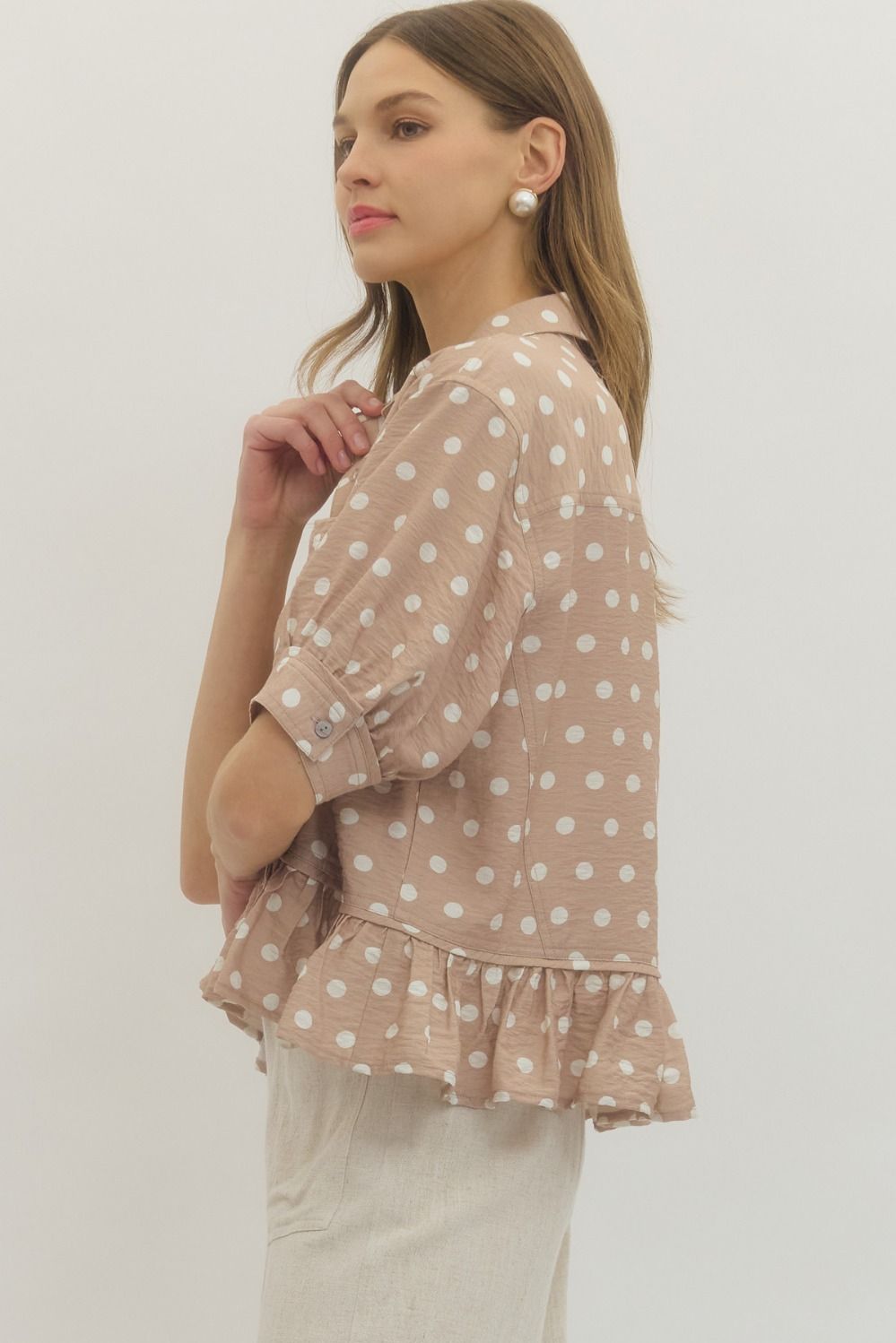 Polka Dot Short Sleeve Top with Ruffle Hem
