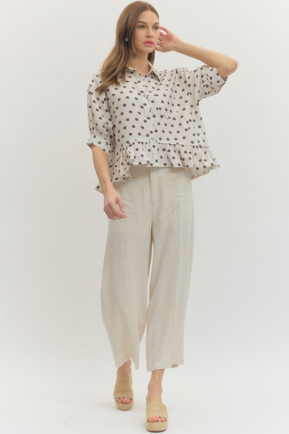 Polka Dot Short Sleeve Top with Ruffle Hem