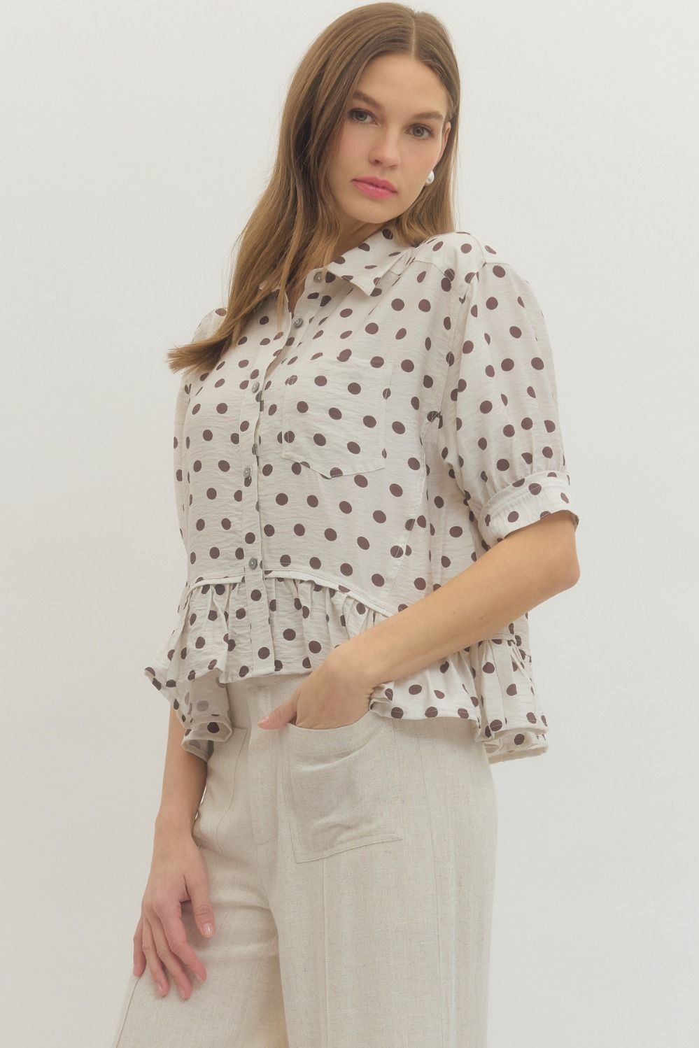 Polka Dot Short Sleeve Top with Ruffle Hem