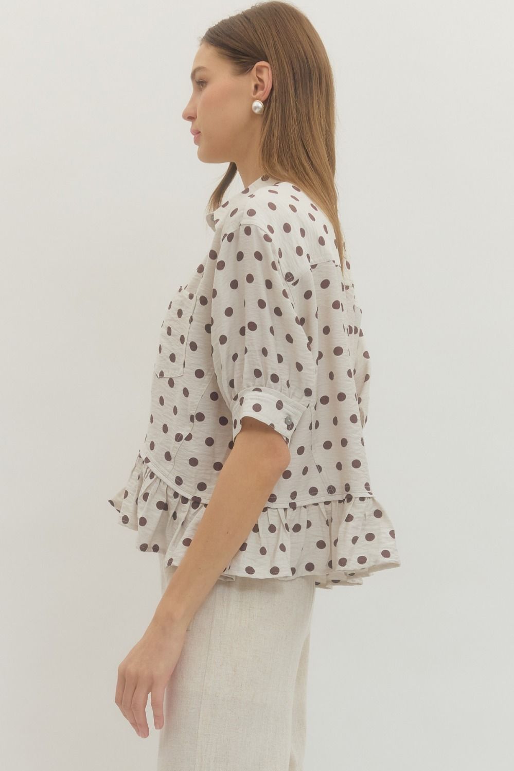 Polka Dot Short Sleeve Top with Ruffle Hem