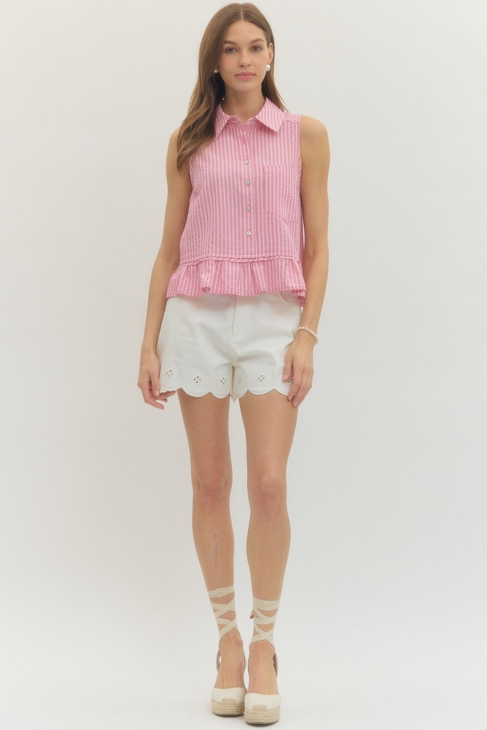 Striped Sleeveless Top Featuring Ruffle Hem