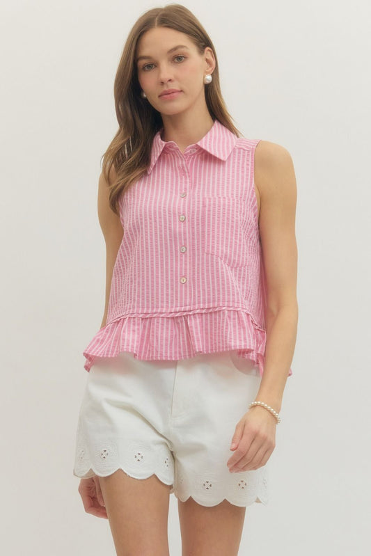 Striped Sleeveless Top Featuring Ruffle Hem