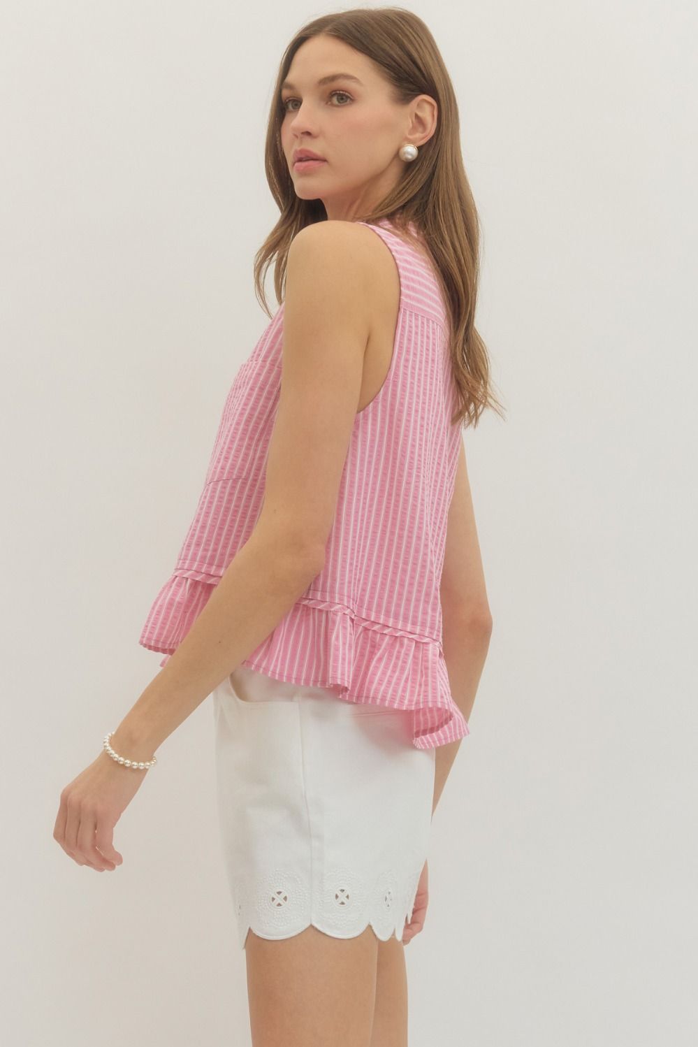 Striped Sleeveless Top Featuring Ruffle Hem