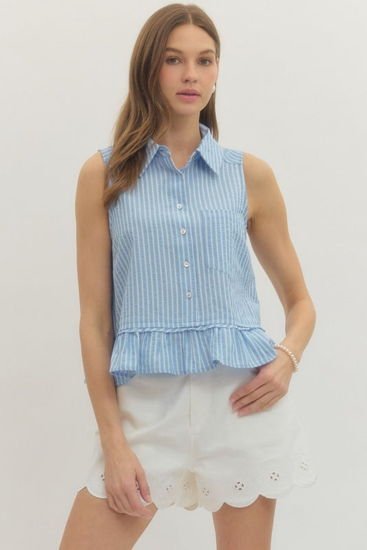 Striped Sleeveless Top Featuring Ruffle Hem