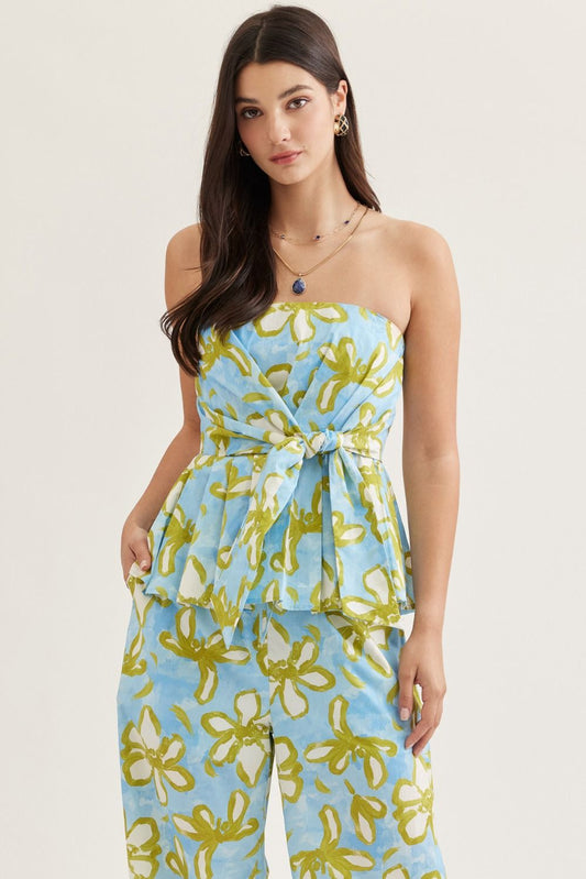Floral Strapless Top with Floral Wide Leg Pants