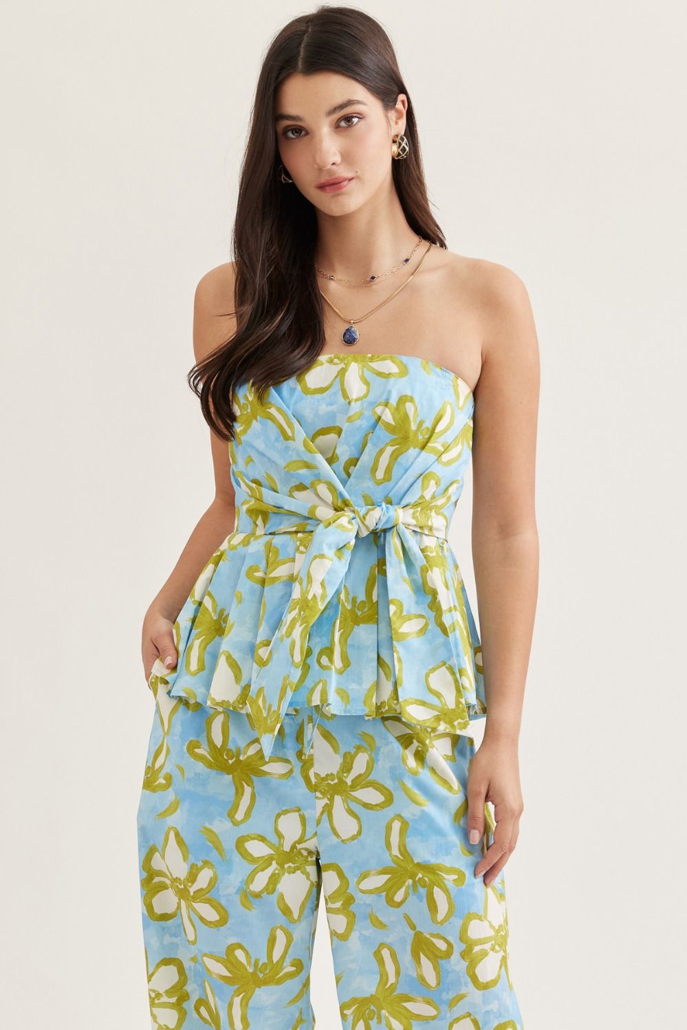 Floral Strapless Top with Floral Wide Leg Pants