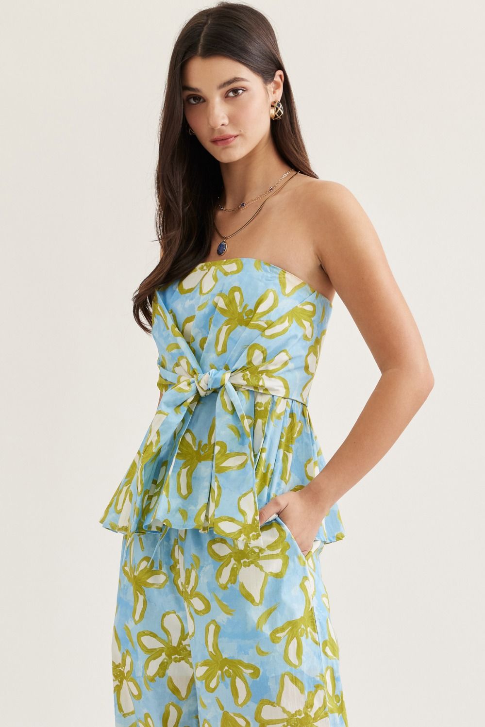 Floral Strapless Top with Floral Wide Leg Pants