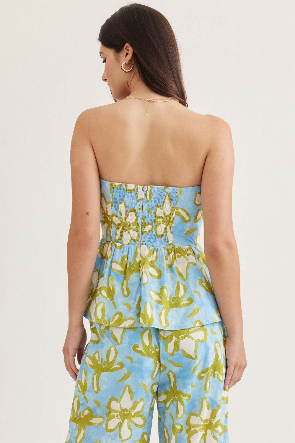 Floral Strapless Top with Floral Wide Leg Pants