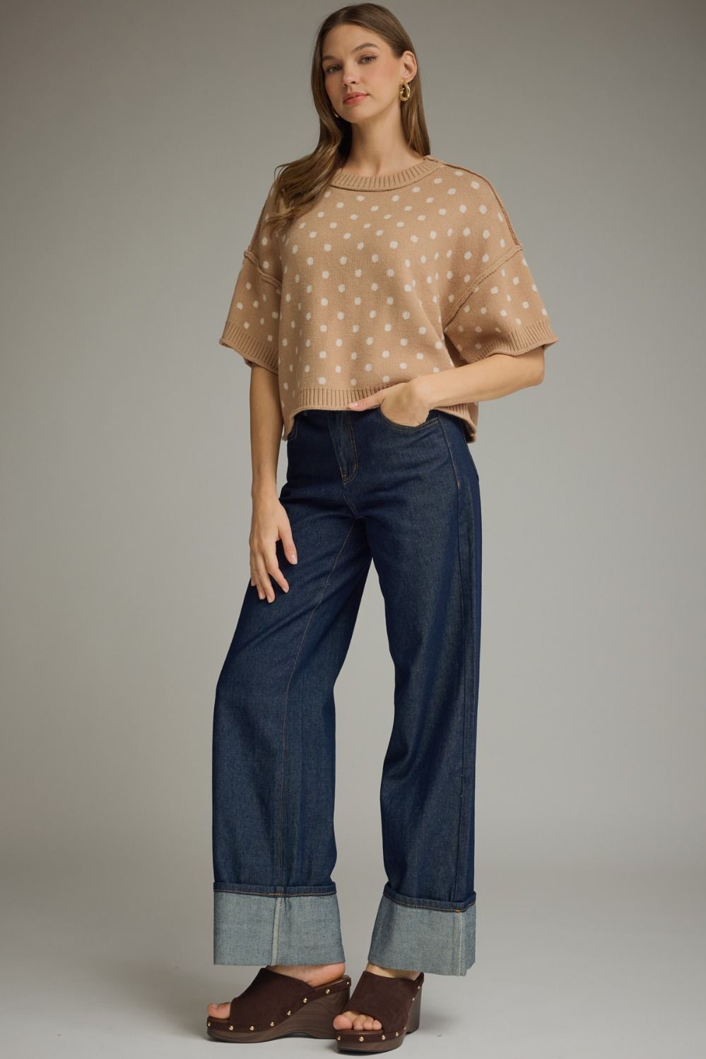 Polka Dot Round Neck Short Sleeve Sweater