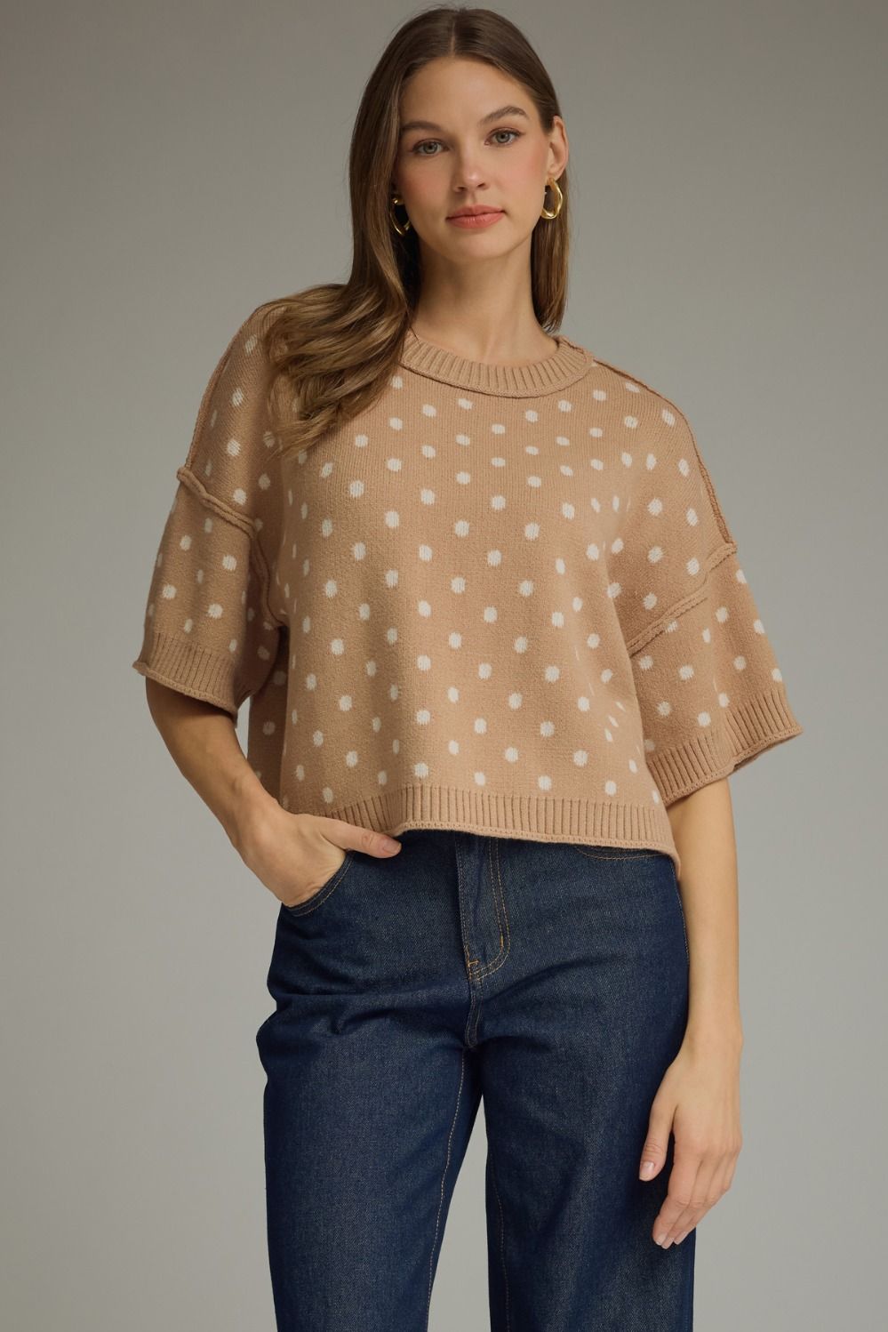 Polka Dot Round Neck Short Sleeve Sweater