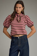 Stripe Self Tie Collar Puff Sleeve Sweater