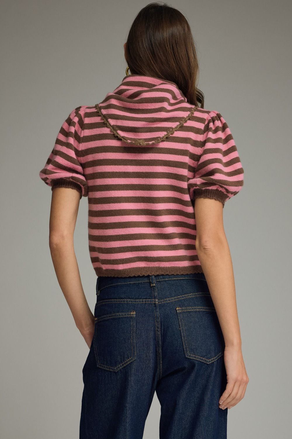 Stripe Self Tie Collar Puff Sleeve Sweater