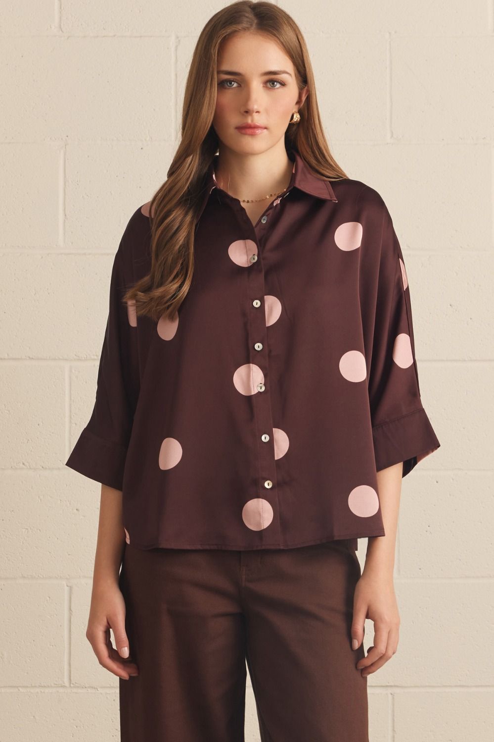 Polka Dot 3/4 Sleeve Button Up Blouse