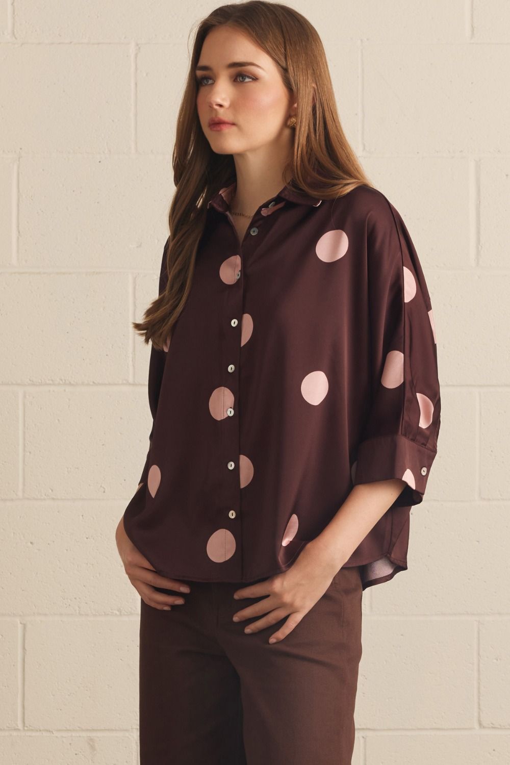 Polka Dot 3/4 Sleeve Button Up Blouse