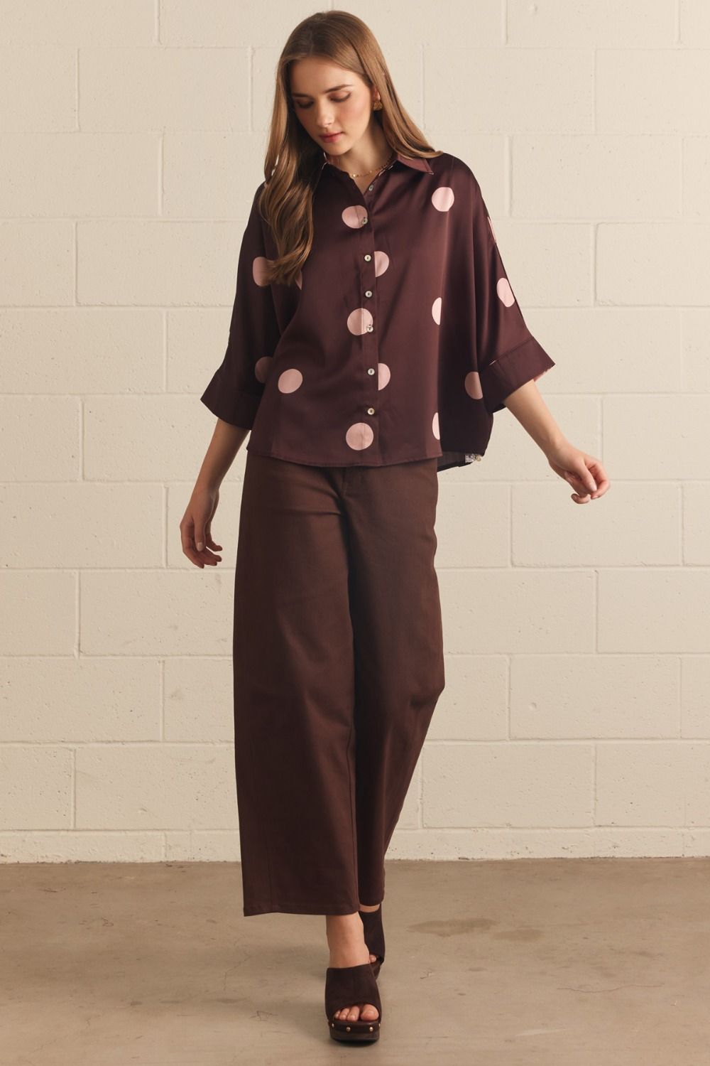 Polka Dot 3/4 Sleeve Button Up Blouse