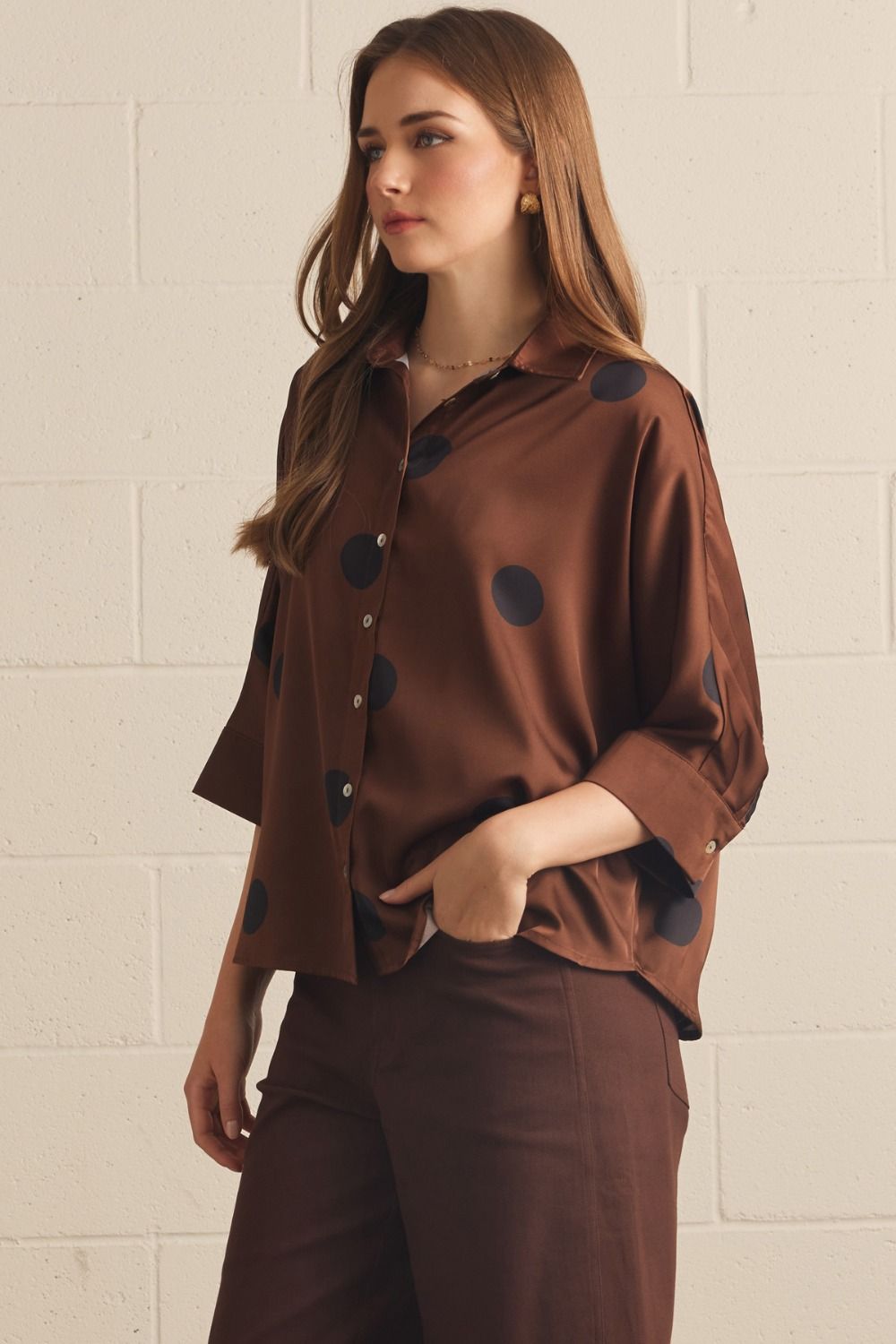 Polka Dot 3/4 Sleeve Button Up Blouse