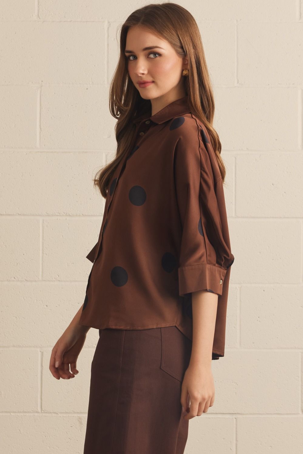 Polka Dot 3/4 Sleeve Button Up Blouse