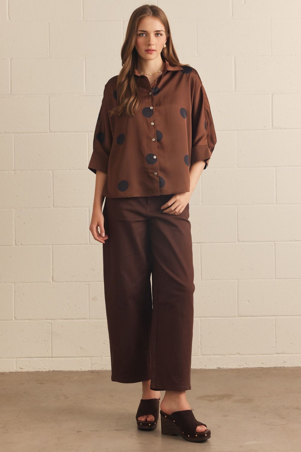 Polka Dot 3/4 Sleeve Button Up Blouse
