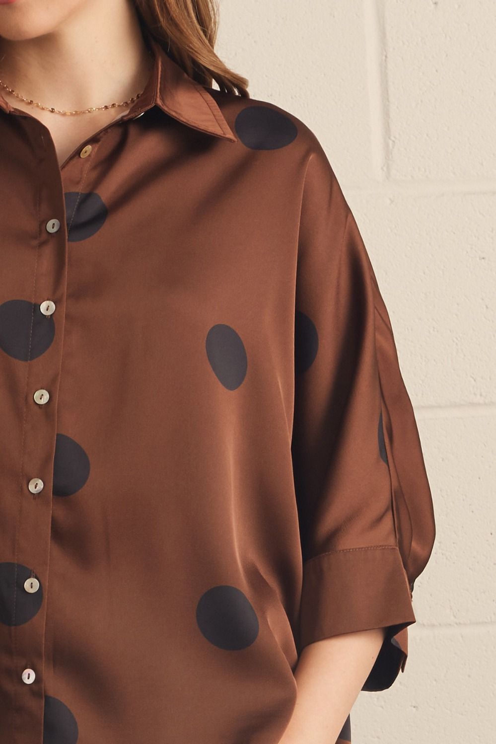 Polka Dot 3/4 Sleeve Button Up Blouse