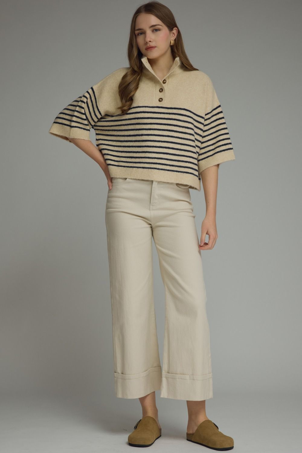 Stripe Short Sleeve Knit Top Featuring Mock Neck