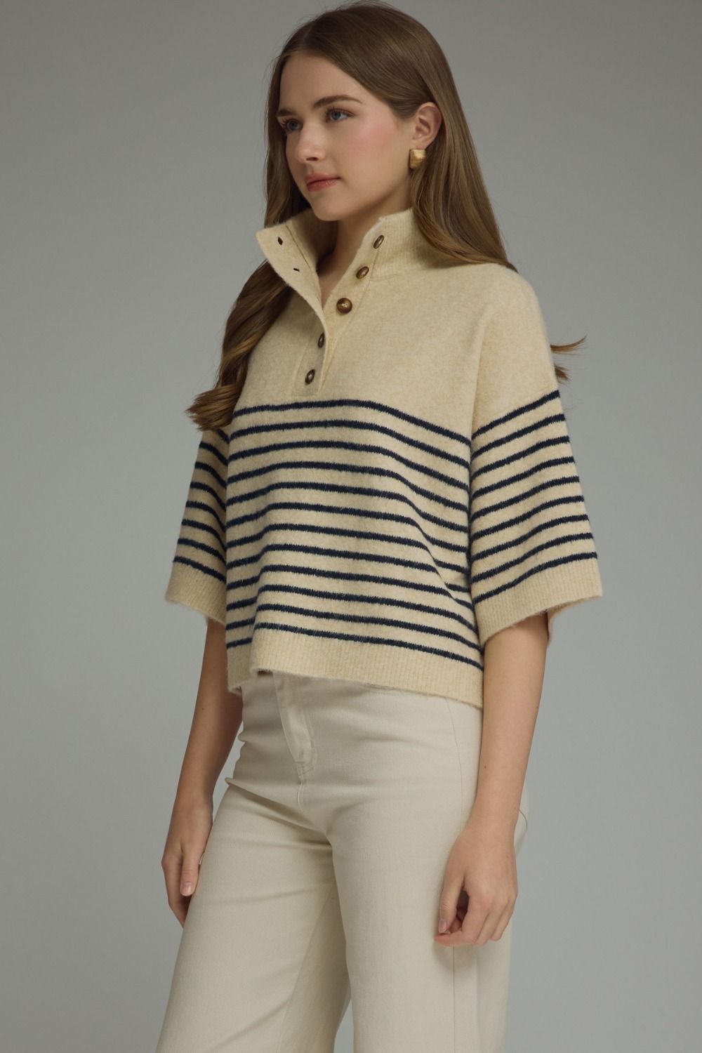 Stripe Short Sleeve Knit Top Featuring Mock Neck