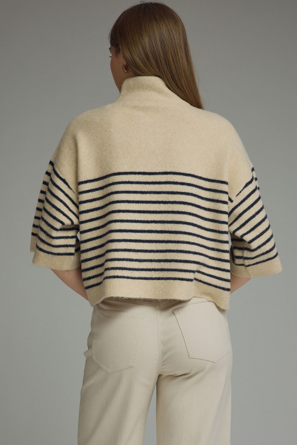 Stripe Short Sleeve Knit Top Featuring Mock Neck