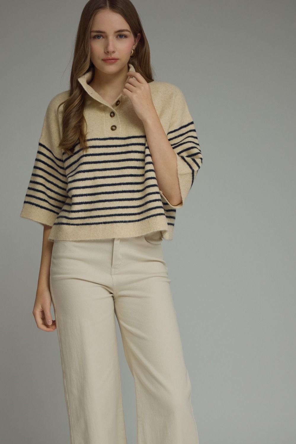 Stripe Short Sleeve Knit Top Featuring Mock Neck