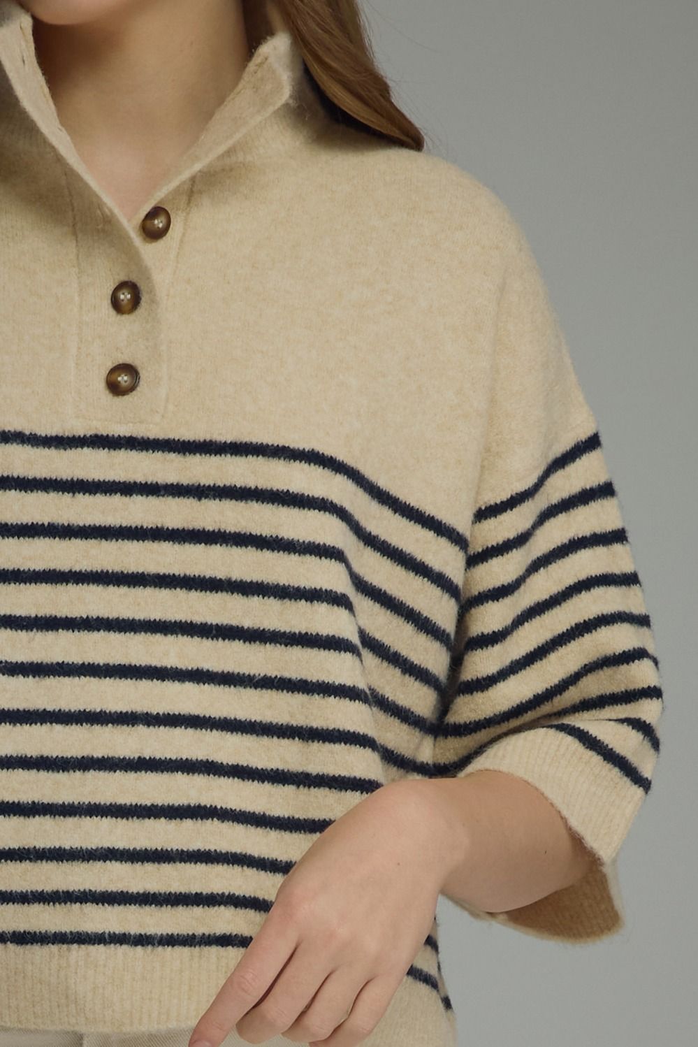 Stripe Short Sleeve Knit Top Featuring Mock Neck