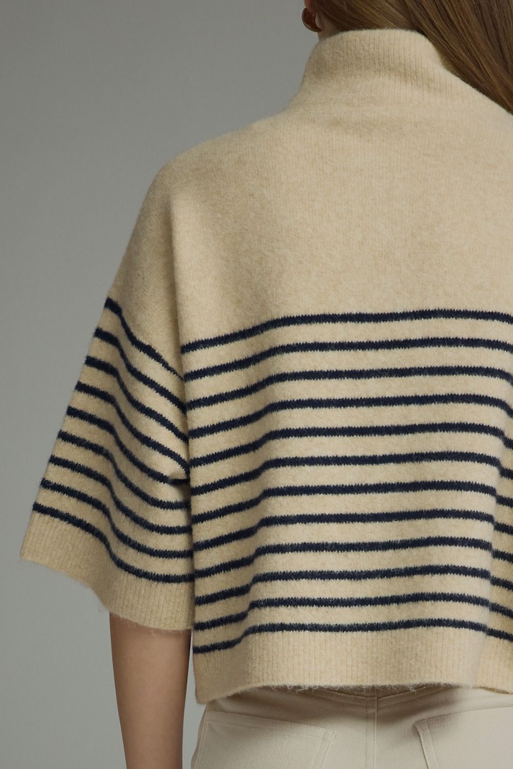 Stripe Short Sleeve Knit Top Featuring Mock Neck