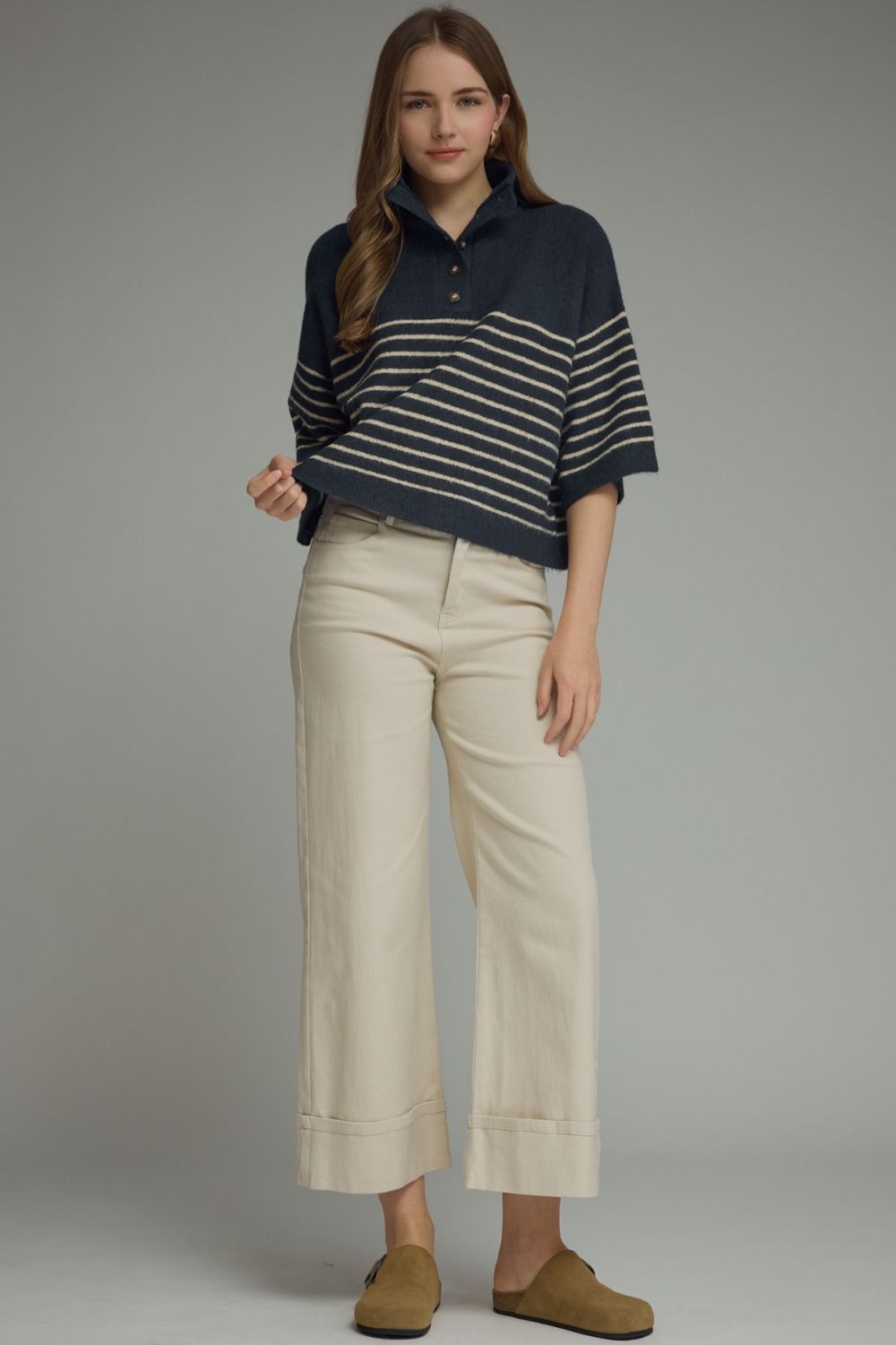 Stripe Short Sleeve Knit Top Featuring Mock Neck