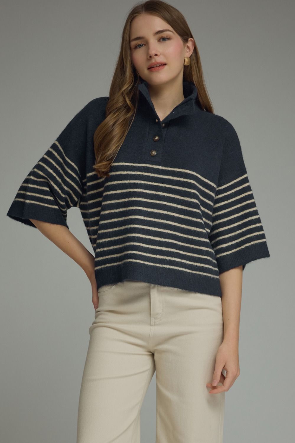 Stripe Short Sleeve Knit Top Featuring Mock Neck