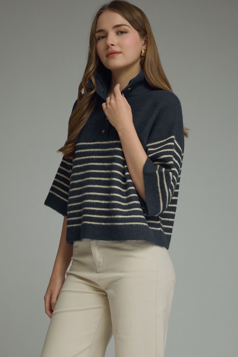 Stripe Short Sleeve Knit Top Featuring Mock Neck