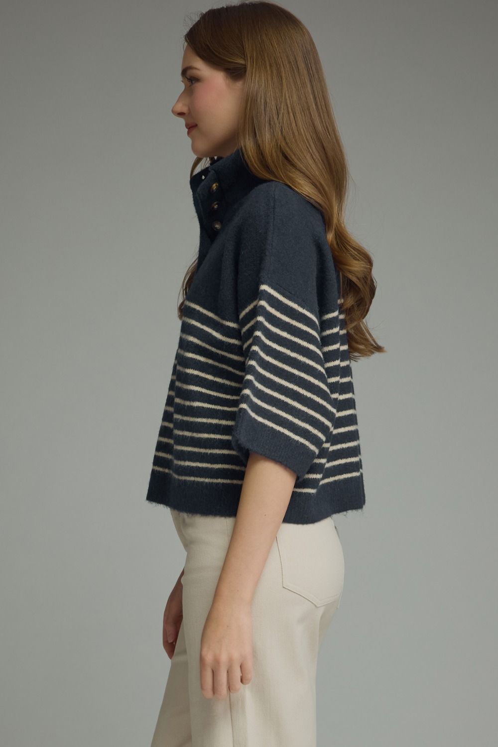 Stripe Short Sleeve Knit Top Featuring Mock Neck