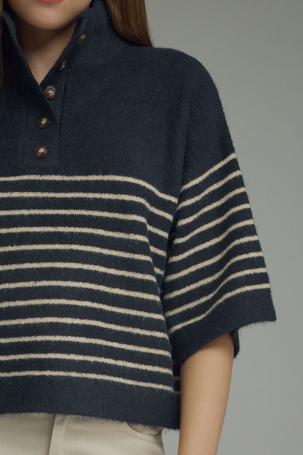 Stripe Short Sleeve Knit Top Featuring Mock Neck