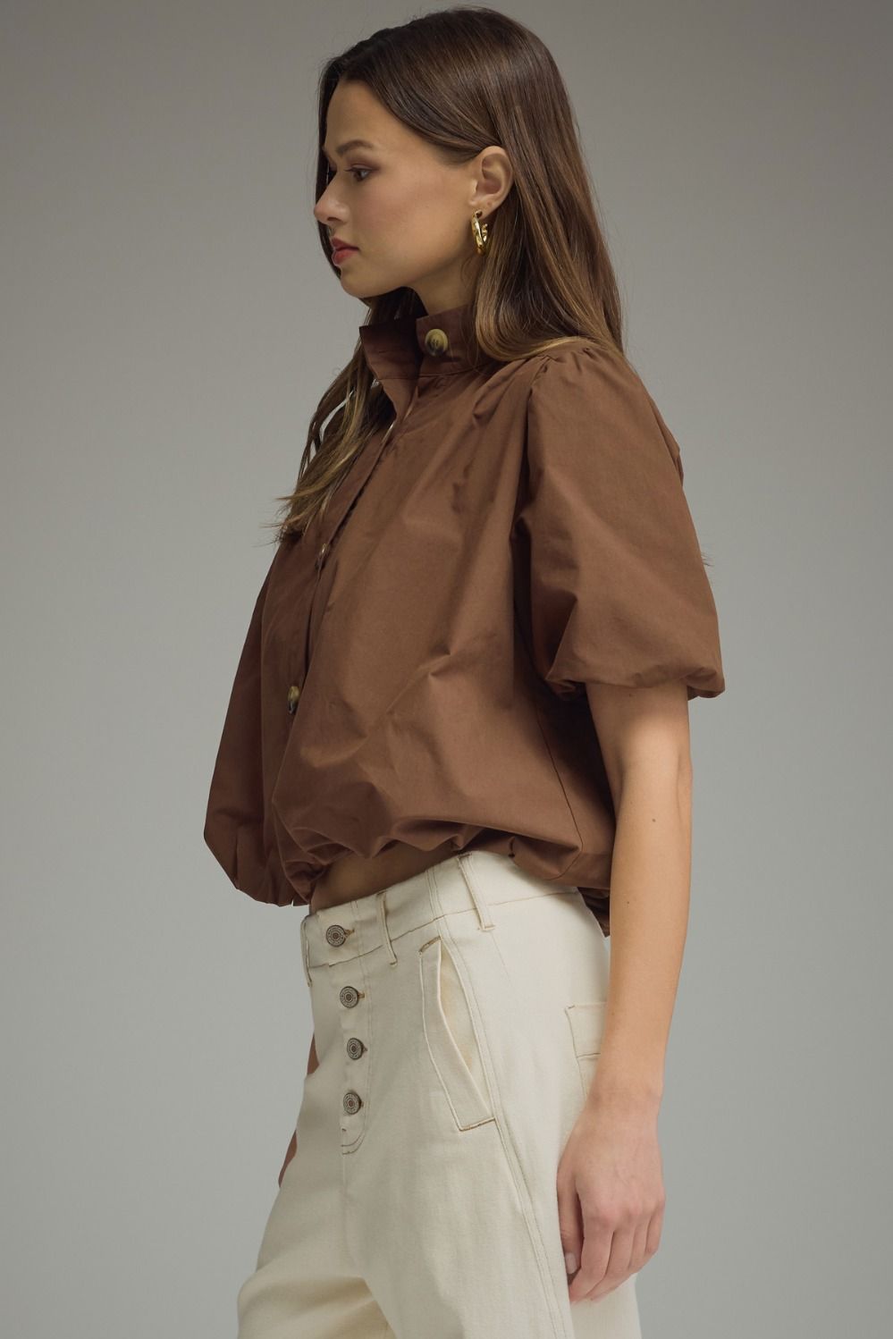 Solid Puff Sleeve Top Bubble Hem