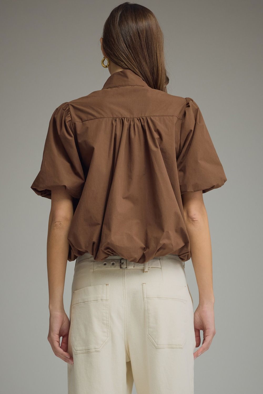 Solid Puff Sleeve Top Bubble Hem