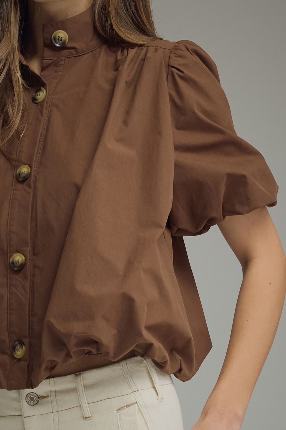 Solid Puff Sleeve Top Bubble Hem