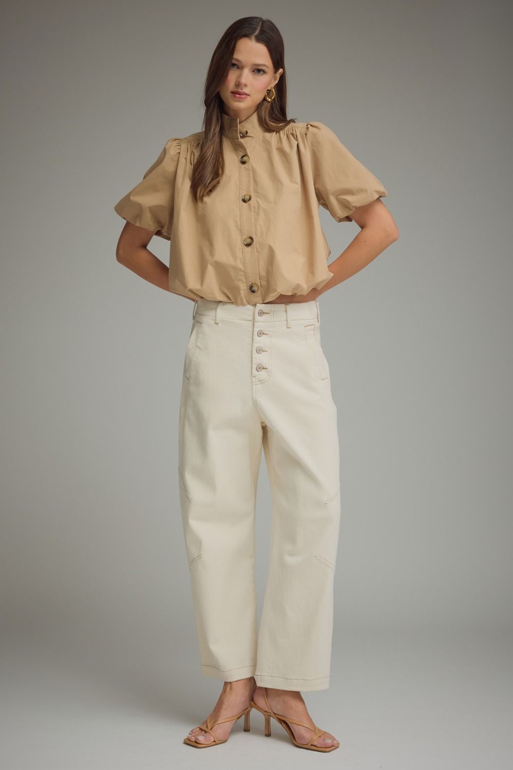 Solid Puff Sleeve Top Bubble Hem