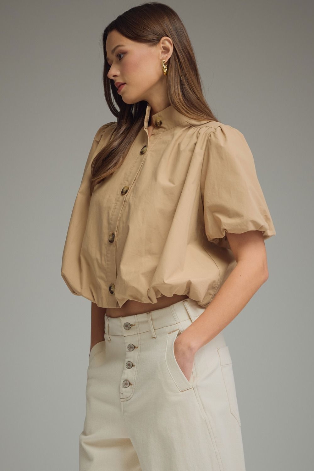 Solid Puff Sleeve Top Bubble Hem