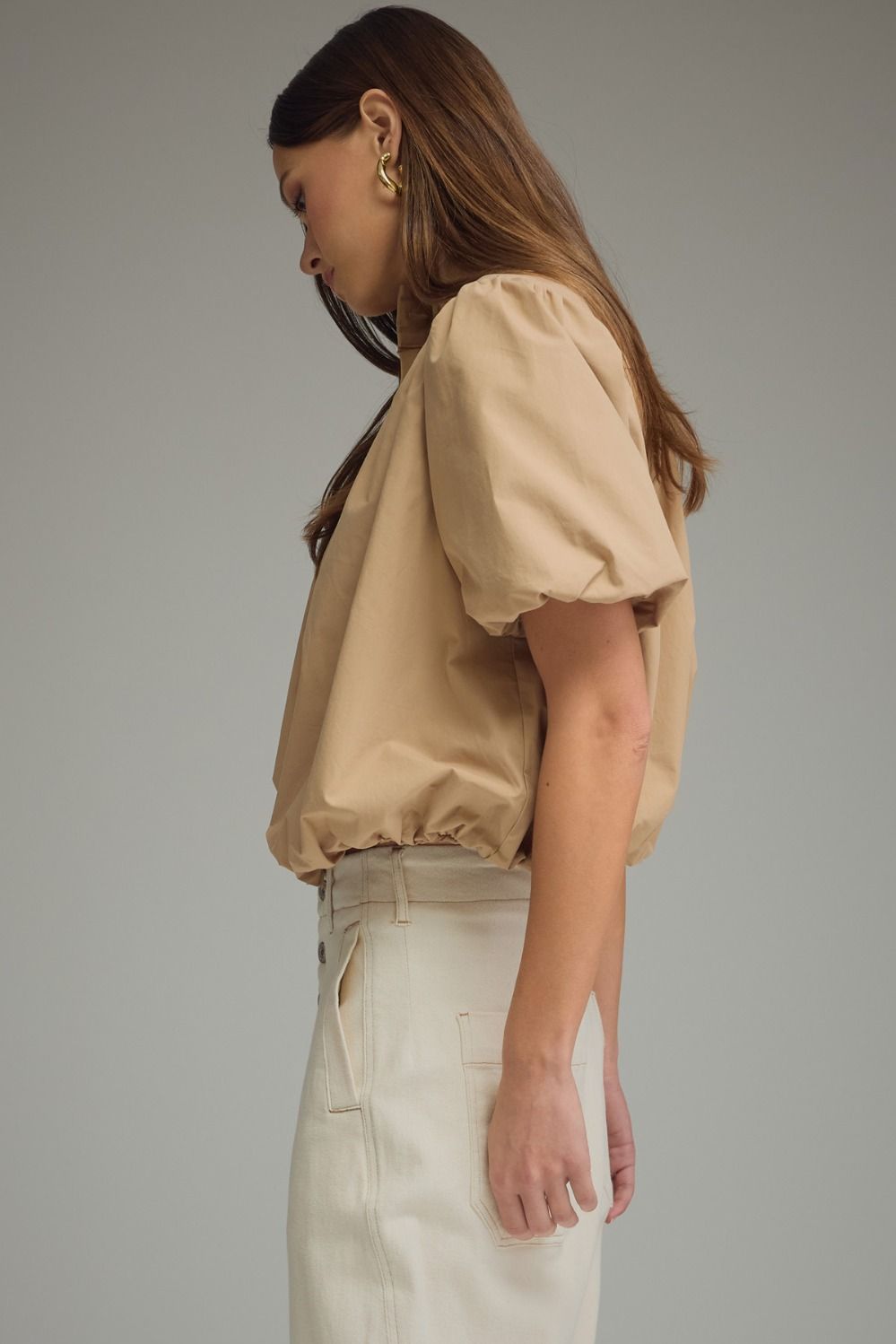 Solid Puff Sleeve Top Bubble Hem