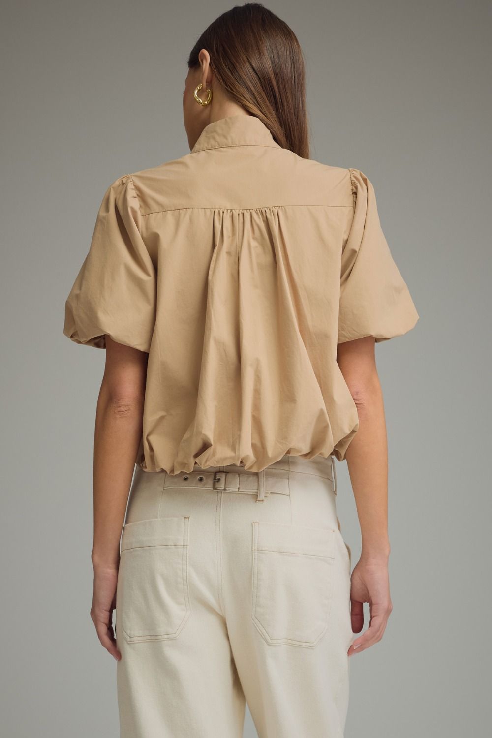 Solid Puff Sleeve Top Bubble Hem