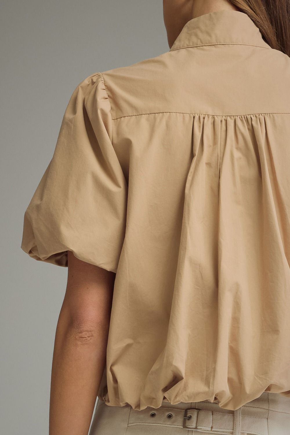 Solid Puff Sleeve Top Bubble Hem